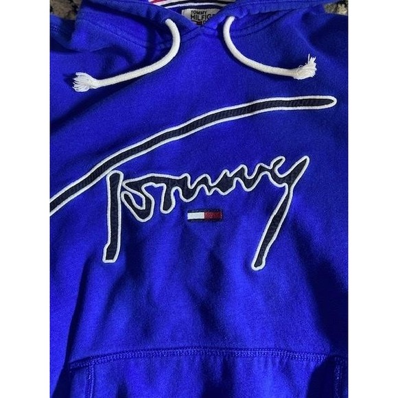 Tommy Hilfiger Hoodie Mens Medium Blue Script Logo Pullover Sweatshirt - Picture 2 of 5